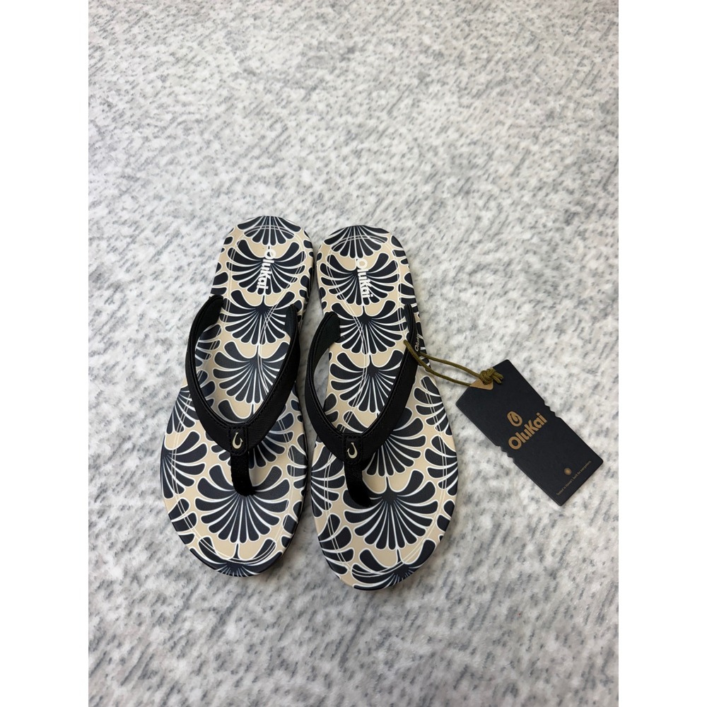 OluKai Uiki Women Black Tan Fan Print Flip Flop Sandals 20537-40ZQ Size 8